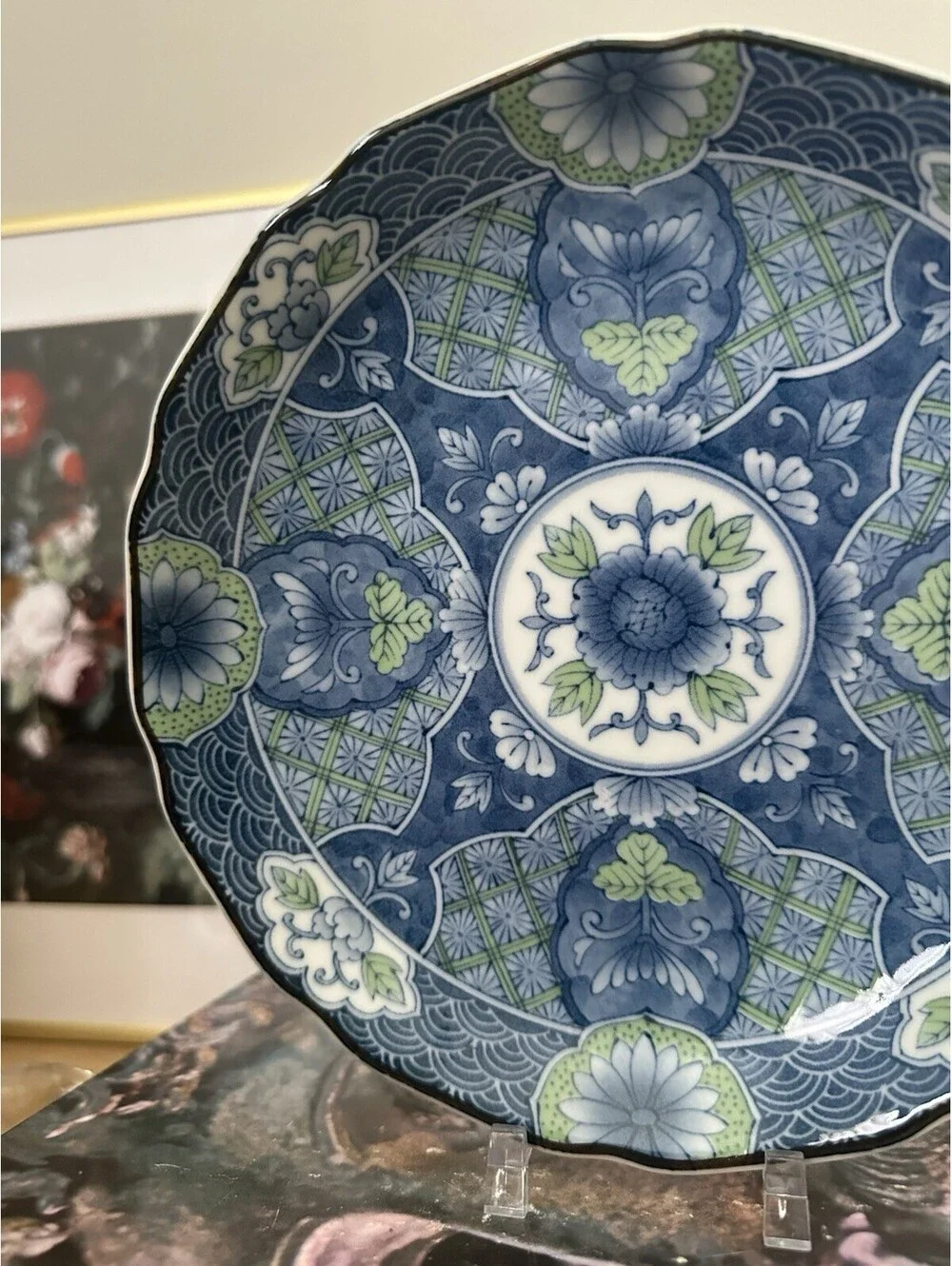 Vintage Japanese Porcelain Shallow Bowl From Hijiri Gama Kiln Blue Green Floral